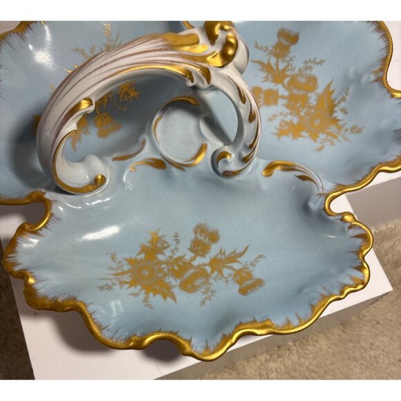 Limoges France Handled Divided Dish Blue Porcelain 11" Gold Trim Scalloped Edge - Picture 3 of 9